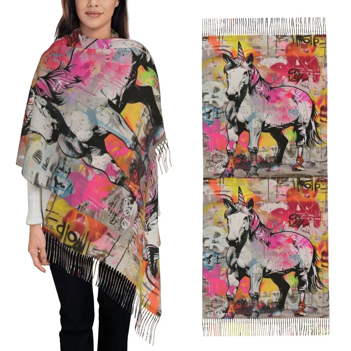 

Colorful Pop Mashup Banksy Scarf Tassel Scarves for Women Soft Warm Shawls and Wraps Large Fall Winter Shawl Wrap