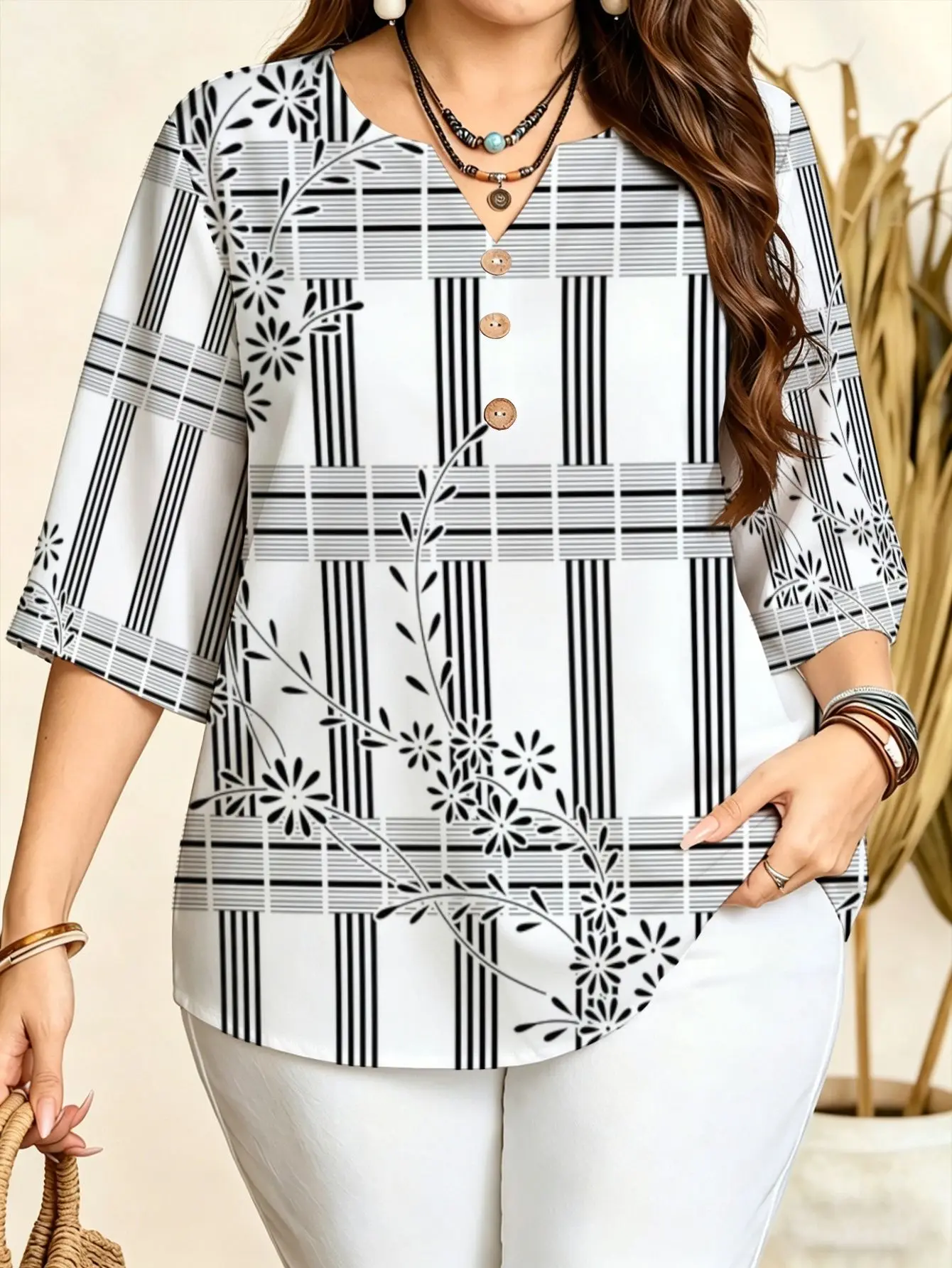 Plus Size Women Geometric Print Blouse Multi Styles Floral Plaid Color Block Notch V Neck 3/4 Sleeve 3 Buttons Loose Casual Top