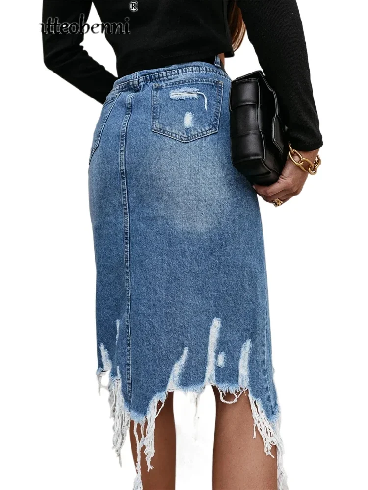 2024 Summer Sexy Asymmetric Denim Skirt Women High Waist Slit Ripped Beggar Midi Skirts Casual Slim Worn Tassel Blue Jeans Skirt