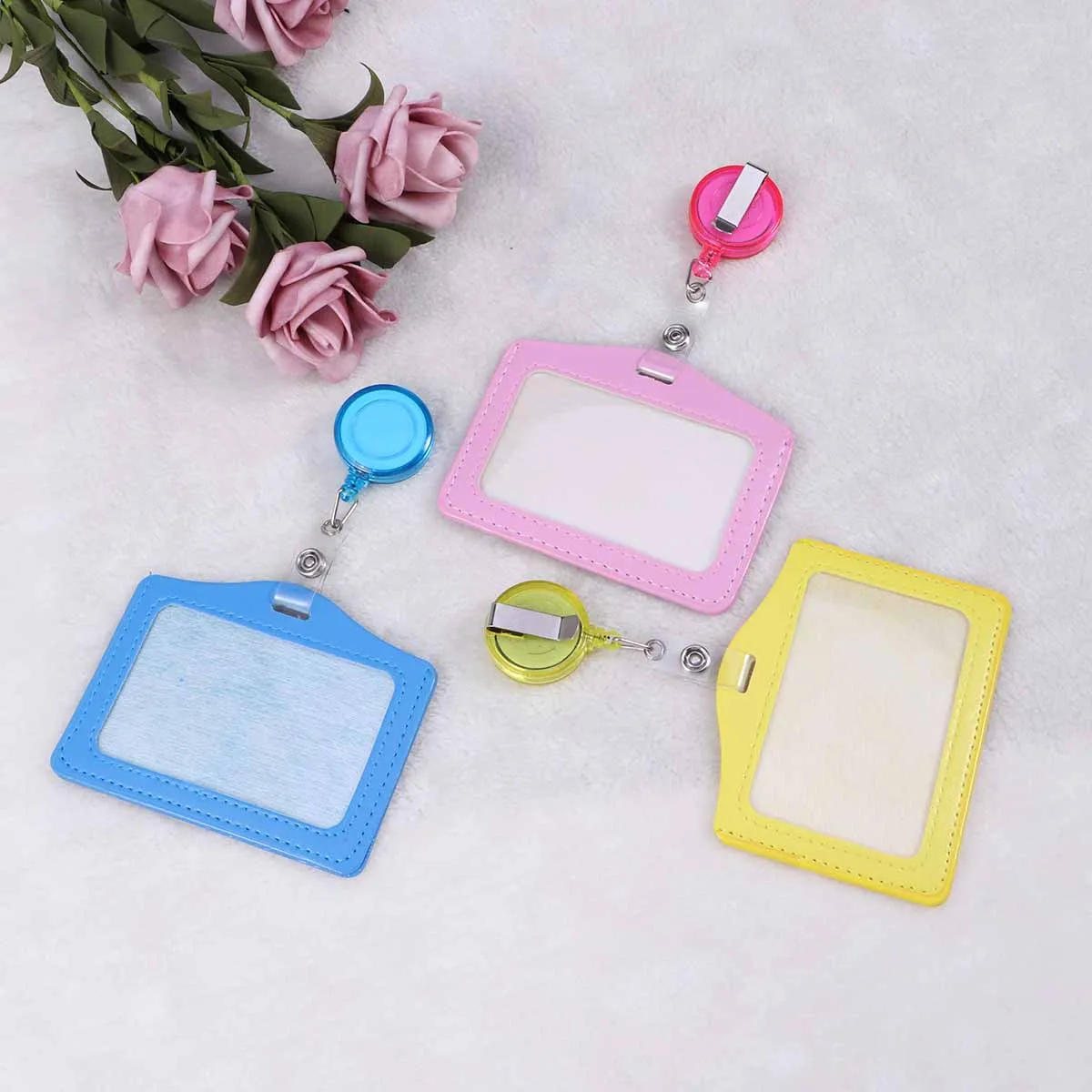 

8pcs Transverse ID Badge Holder PU Pass Case for School Office Business Card Storage Holder Clear Window for ID