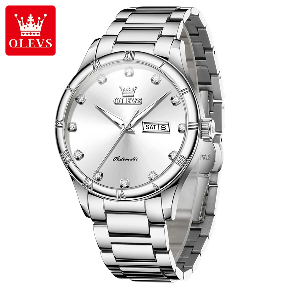 Reloj OLEVS 7030 para hombre, correa de acero inoxidable, escala de diamante, calendario doble clásico, relojes de pulsera mecánicos de lujo para hombres de negocios
