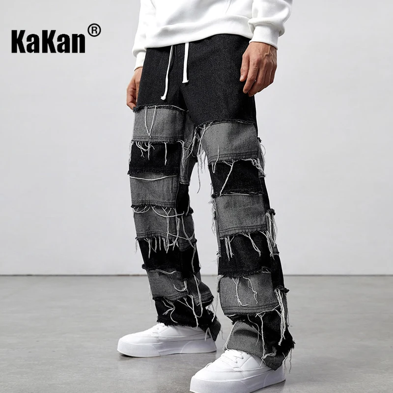 Kakan-y2k New Men's High Street Fringe Patchwork Jeans, Motoryclist Boots Baggy Jeans Wide Leg Pants Plus Men's Long Jeans