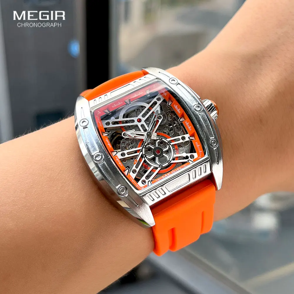 MEGIR Fashion Orange Automatic Watches for Men Military Sport Waterproof Tonneau Dial Mechanical Wristwatch with Silicone Strap