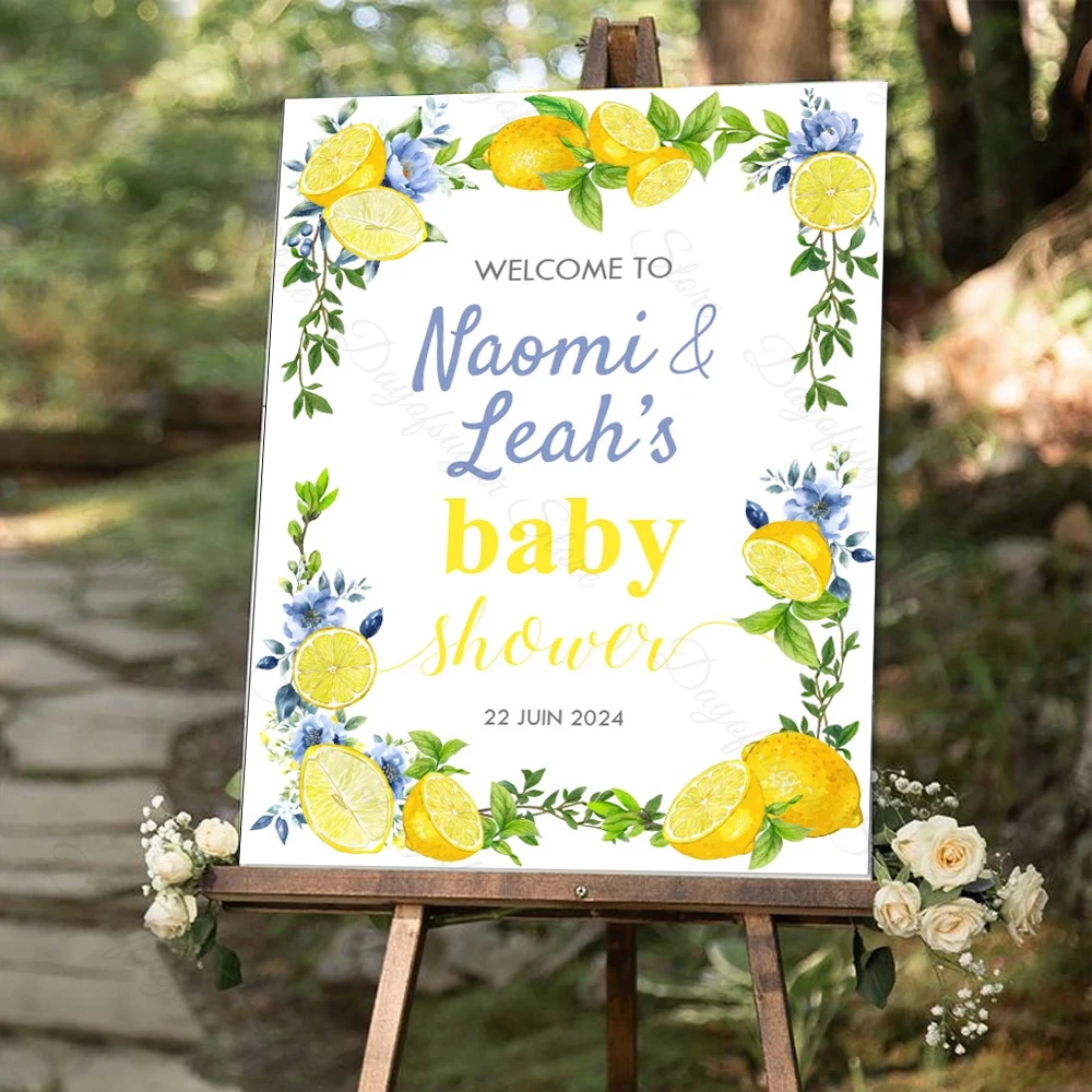 Niestandardowa cytrynowa znak witający gości dziecięca mozaika niebieskie kwiaty lemoniada Boho sumber Baby Shower znak witający gości na przyjęcie