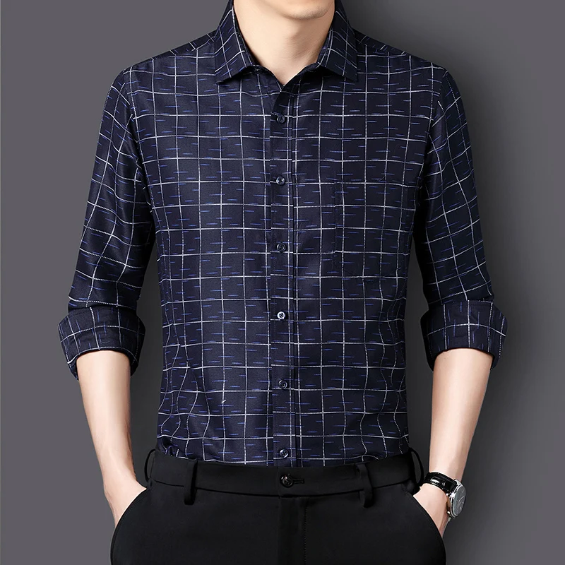 Plaid Shirts for Men's High Grade Business Long Sleeve Casual Checked Shirt Male Comfortable No Ironing Office Formal Work Shirt