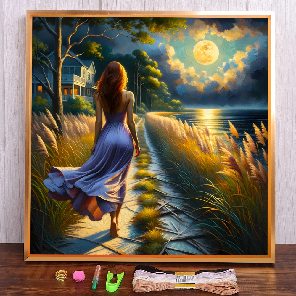 

Seaside Women Printed Fabric Cross Stitch Set DIY Embroidery Sewing Handiwork Needlework Hobby For Adults Jewelry Wholesale