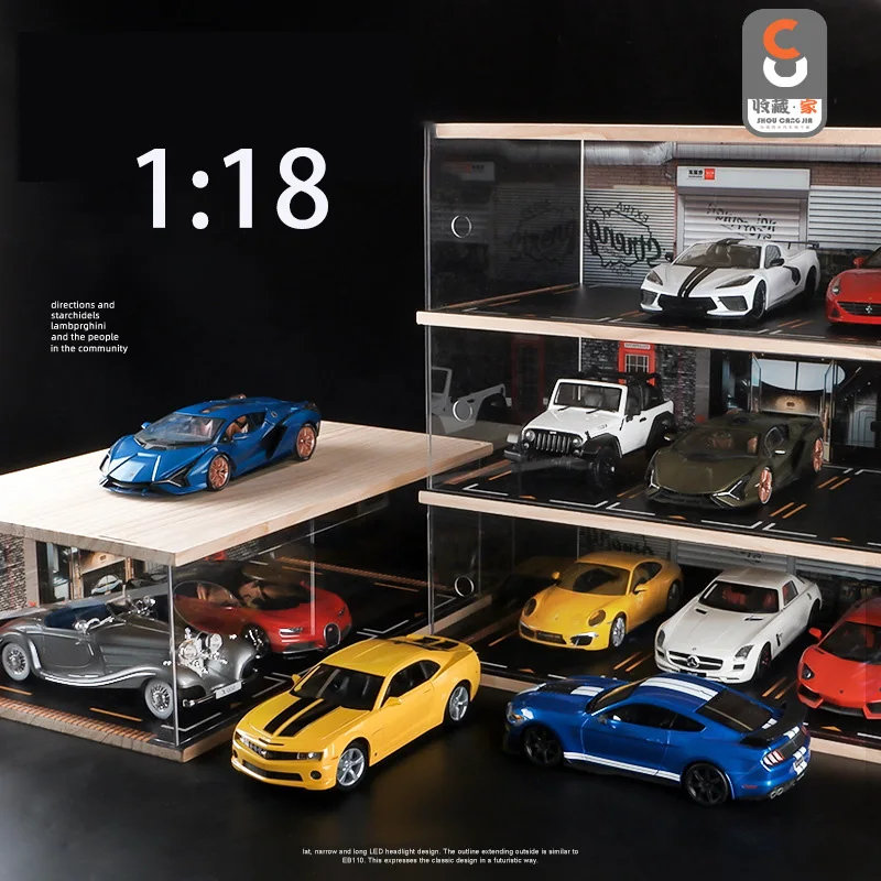 1:18 modelo de carros, cena de garagem de madeira, acrílico transparente, estacionamento, coleção de modelos de carro, expositor à prova de poeira, presente de aniversário