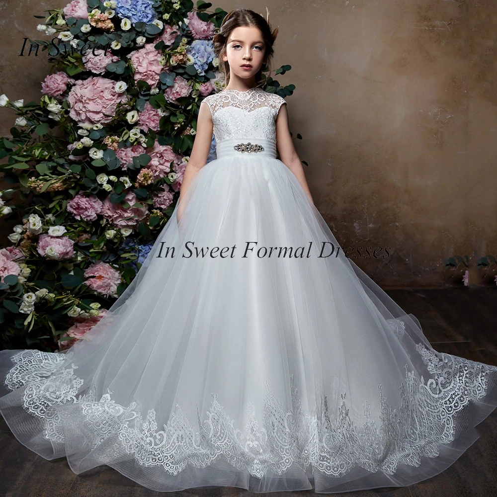 

Ball Elegant Princess Lace Flower Girl Dresses Jewel Puffy Tulle First Communion Gown Baby Kids Wedding Guest Dress