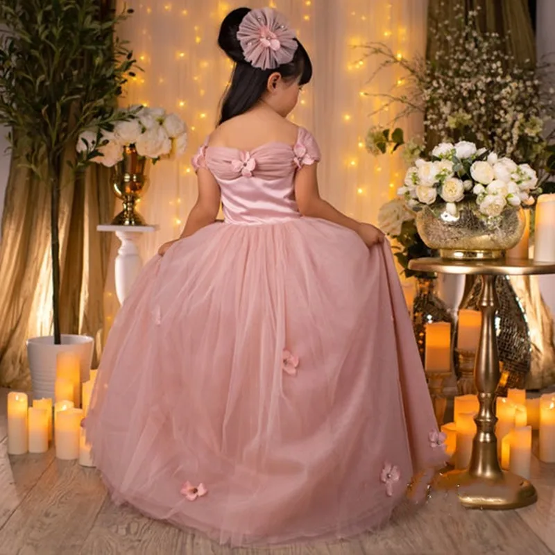 

Custom Flower Girl Dress Tulle Puffy 3D Applique Off Shoulder Elegant For Wedding Child's First Eucharistic Birthday Party Dress