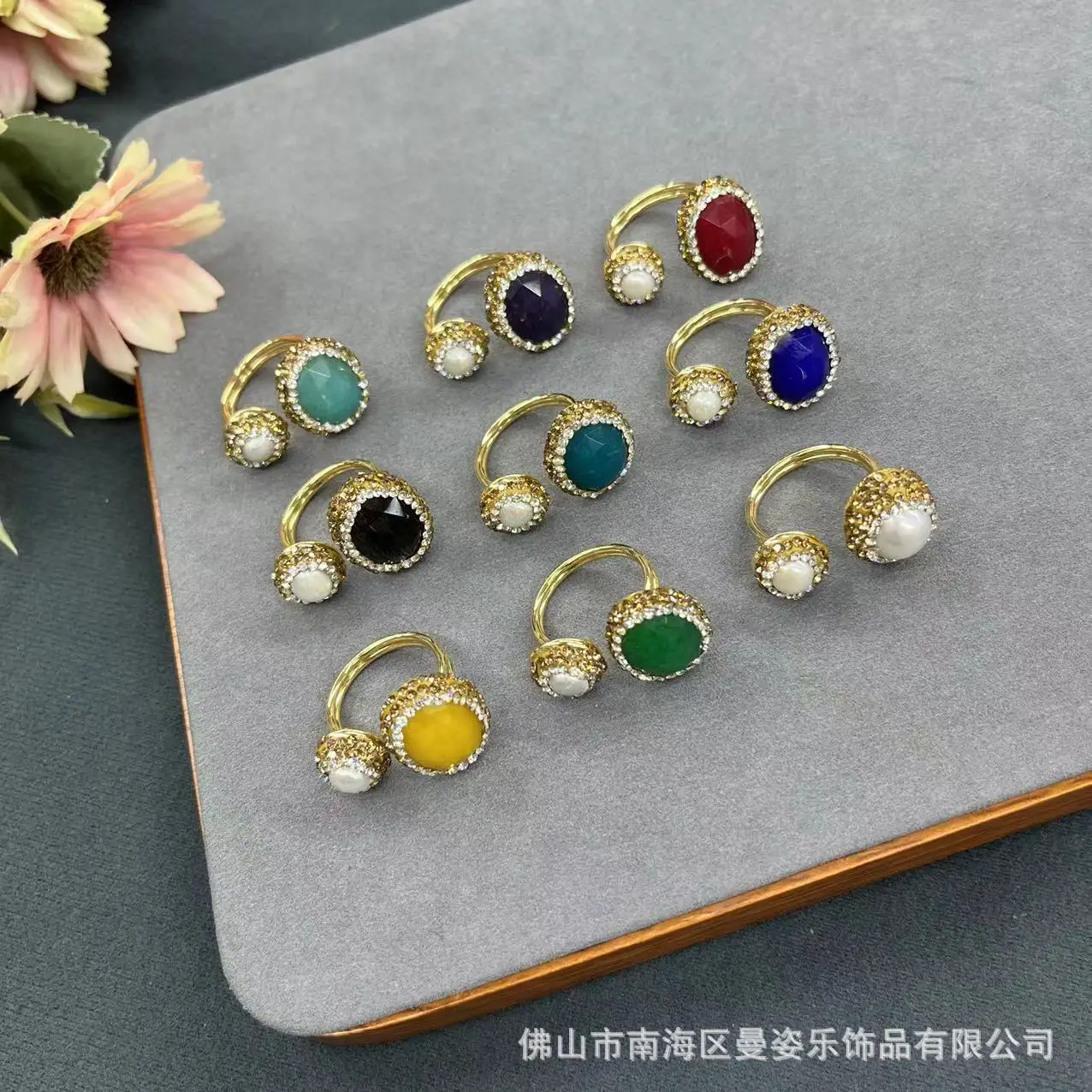 DIY accessories Live broadcast new natural stone live ring, niche personality full diamond design, color retention electroplatin