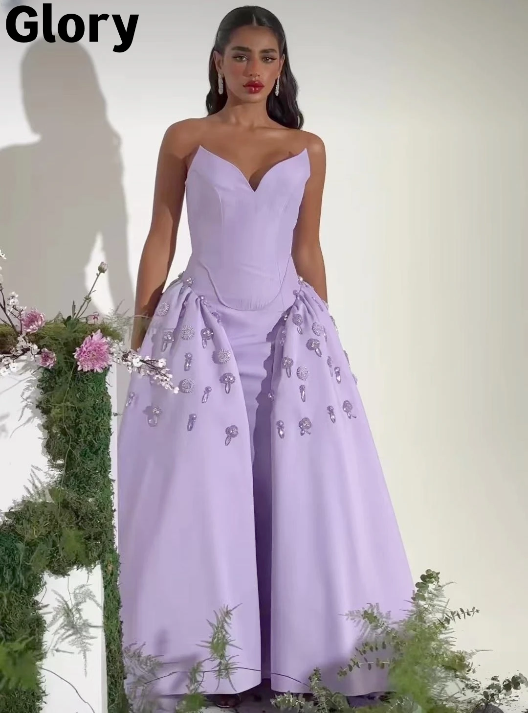 

Lilac Women Luxury Evening Dresses 2023 New Arabia Design Beads Crystal Sleeveless Floor-length Formal Prom Dresses Party Gown