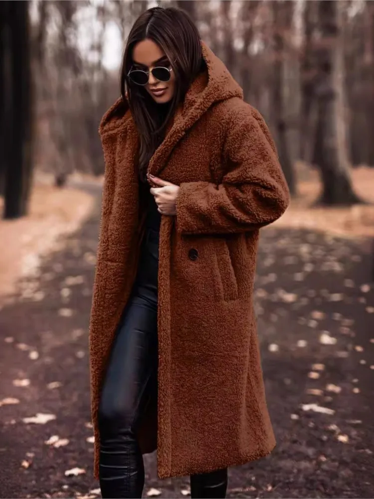 New Autumn And Winter Fashion Long Solid Color Long-sleeved Tweed Coat Women's Hooded One-button Comfortable Breathable Coat