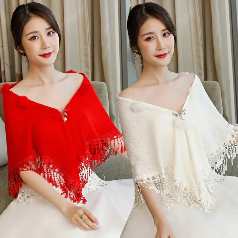 

Женская шаль с белой кисточкой, свадебный плащ с узлом, весенне-осенний теплый плащ с Cheongsam Poncho Mujer, дикая накидка без рукавов Femme