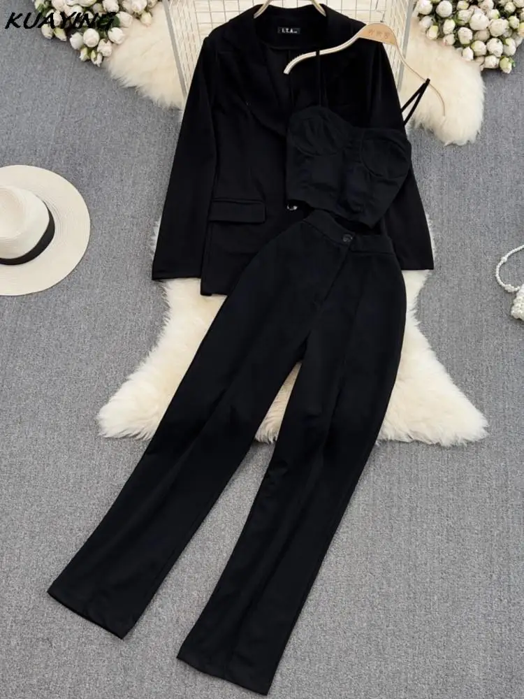 Women Office Suit Loose Blazer Jacket Vintage Spaghetti Strap Vest High Waist Casual Pants Formal Female Trousers 3 Pieces Set