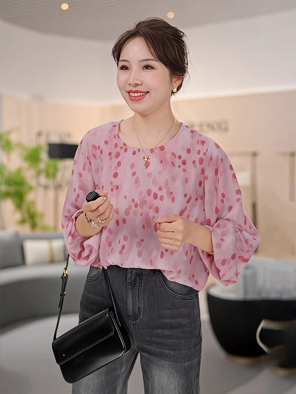 

Ele Long Sve Chiffon irt Floral Print Lightweight Women's irt Breathable Polyester Fiber round Ne Casual irt