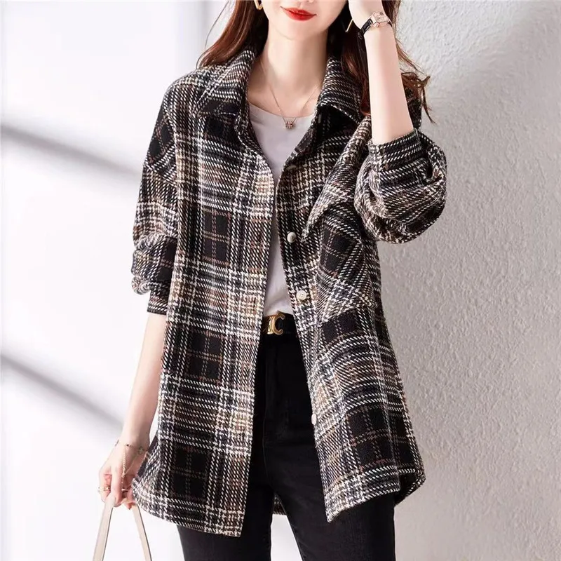 Fashion Long Sleeve Sanding Plaid Shirts Female 2023  Spring Autumn Casual Women's Shirt Jackets Mid-Length Thin Coat Tops