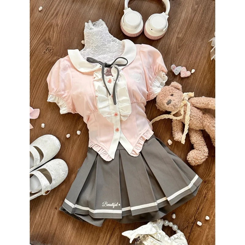 

Розовая рубашка принцессы с тонкой талией и короткими рукавами в консервативном стиле + серая плиссированная юбка с высокой талией Летние комплекты из 2 предметов Женские костюмы Y2k