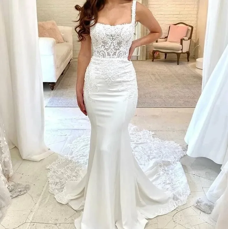 Elegant Lace Mermaid Wedding Dress Square Collar Satin Appliques Women Court Train Bridal Gowns customized