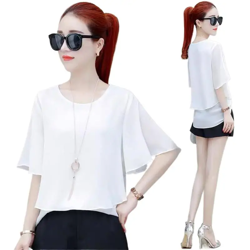 2023 Nieuwe Zomer Olstijl Kantoor Laday Chiffon Blouse Halve Mouw Dames Effen Casual Shirt Feminina Camisas Blusas Blouse Femme