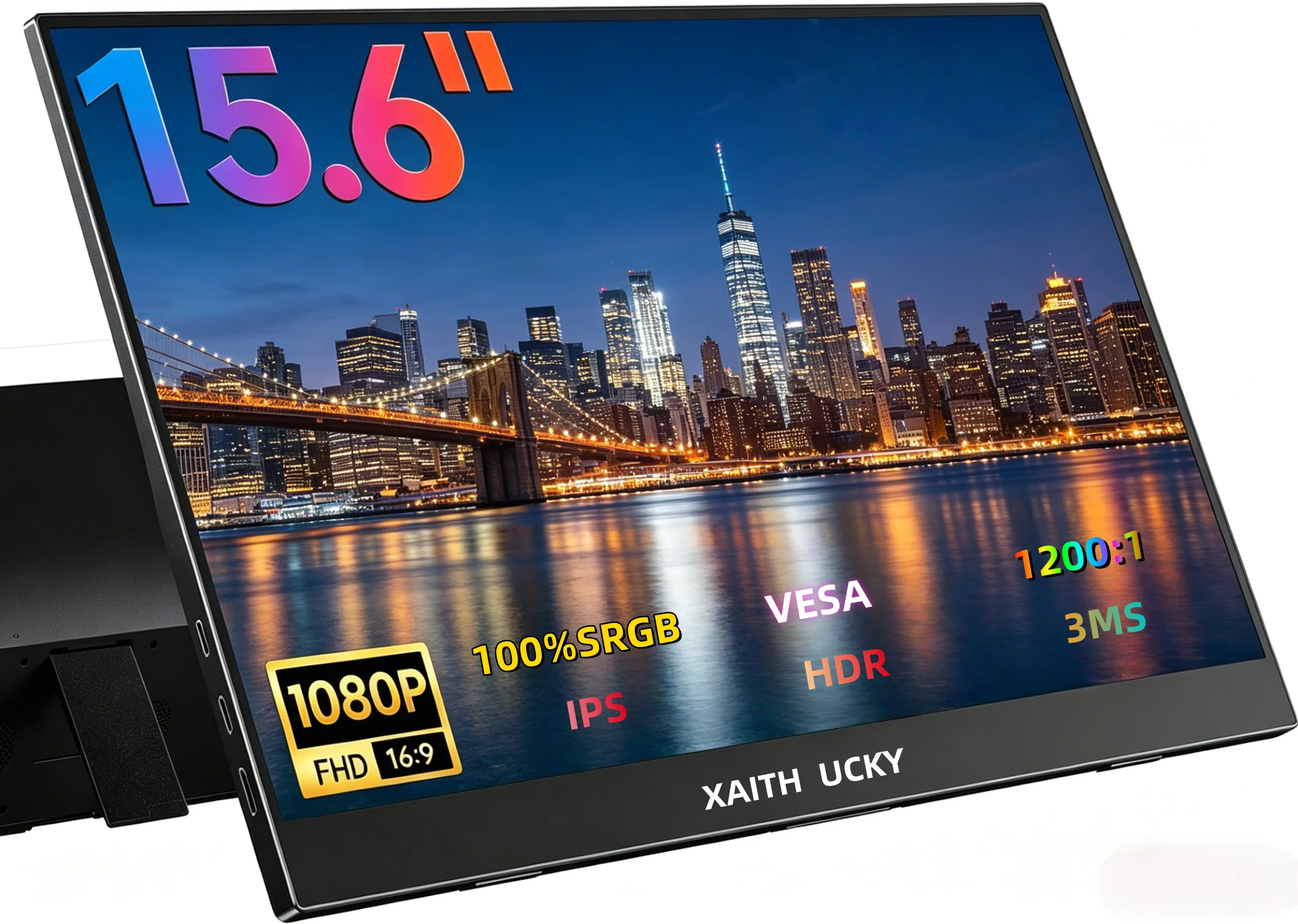 XAITH UCKY 15.6 Inch FHD Portable Monitor, 1920×1080 IPS HDR, 60Hz Refresh Rate, Eye-Care Screen. Compatible with PC, Laptops an