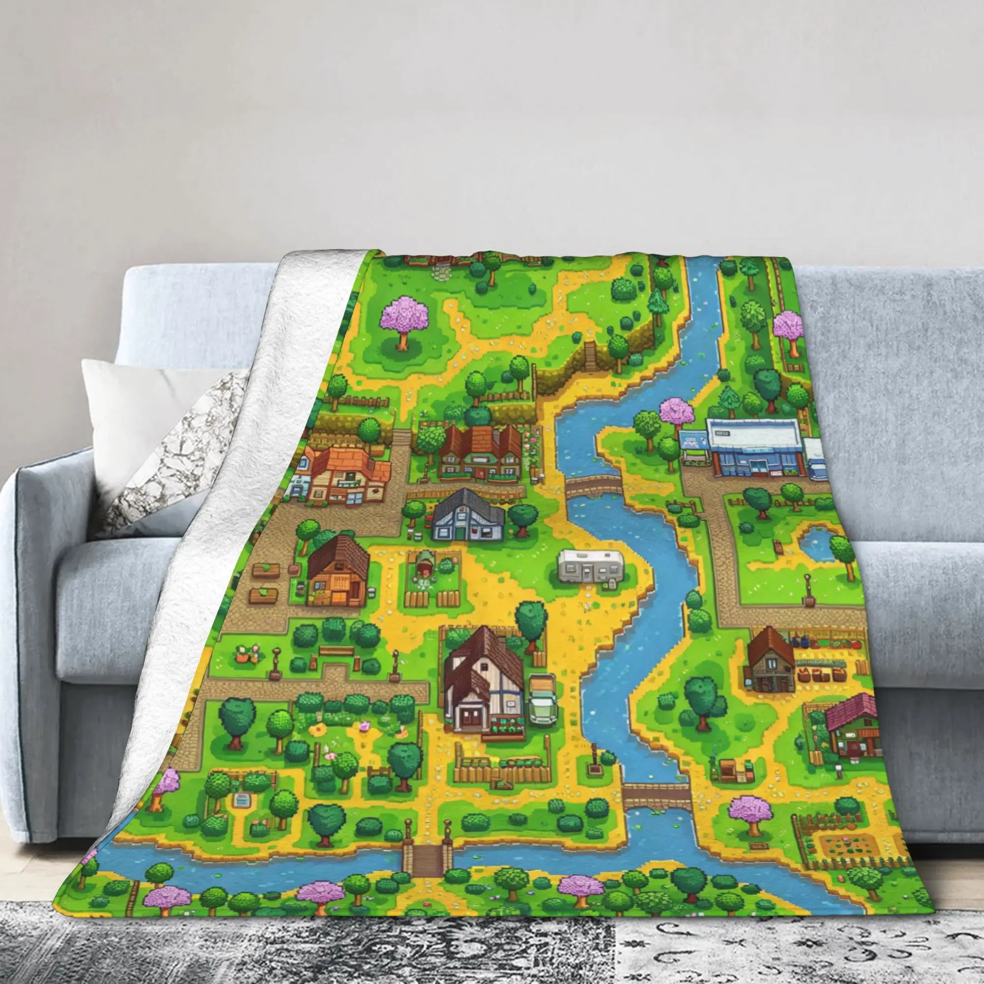 Custom S-Stardews V-Valleys Blanket Soft Fleece Autumn Flannel Pelican Town Map Throw Blankets for Sofa Outdoor Bedding Quilt