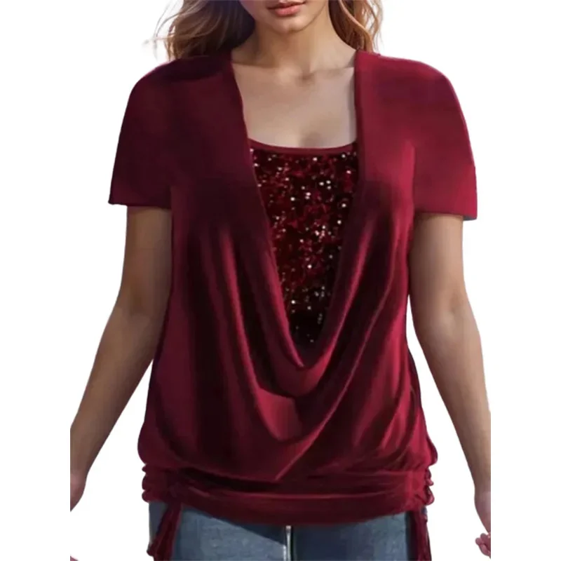 6 Einfarbige Pailletten-Oberteile mit Langen Ärmeln, Elegante Damen-Bluse für Herbst, Streetwear-Stil