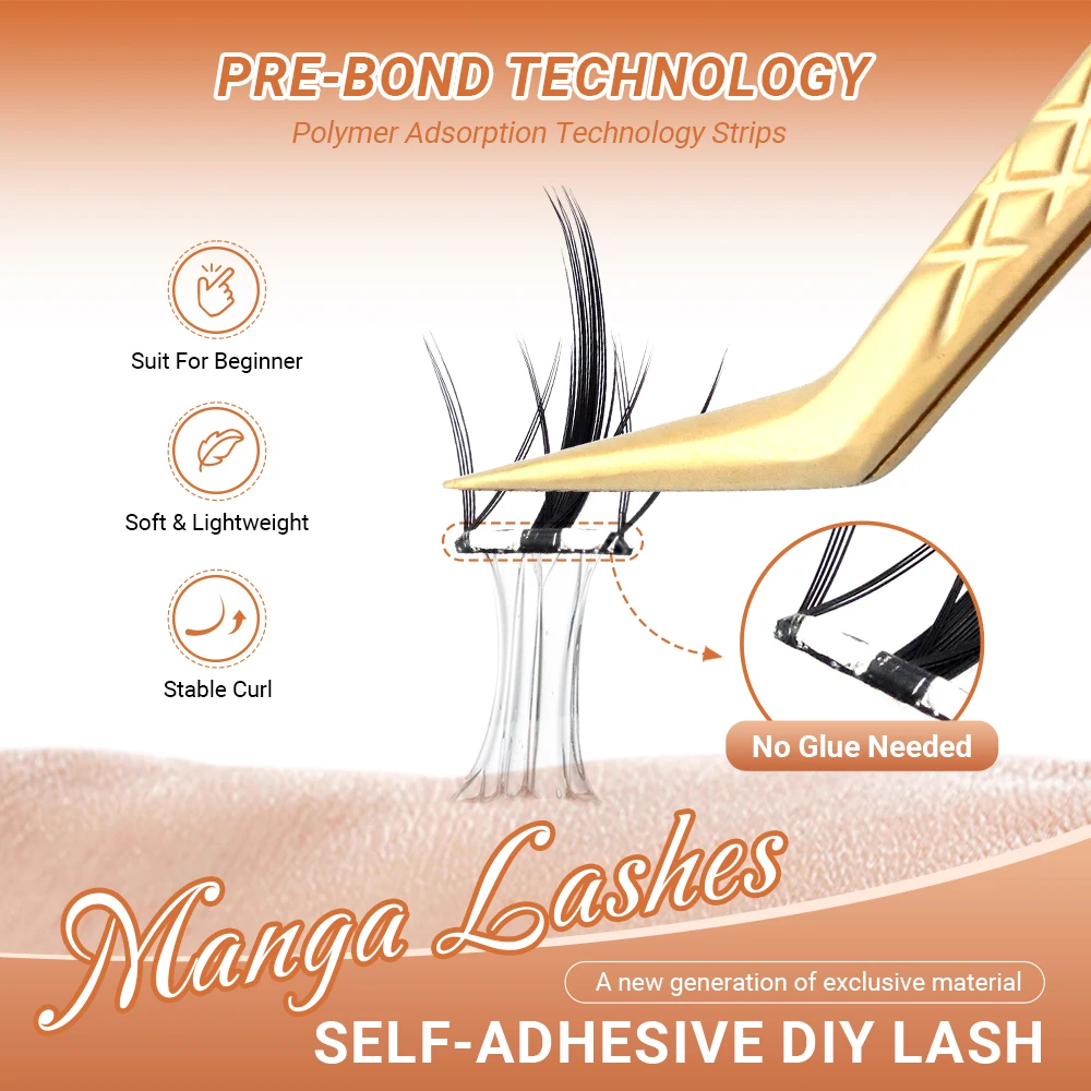 Lashtalk Manga Lashes Self Adhesive DIY False Eyelash No Glue and Remover Needed One-Step Reusable Pre-Glued 50 Clusters