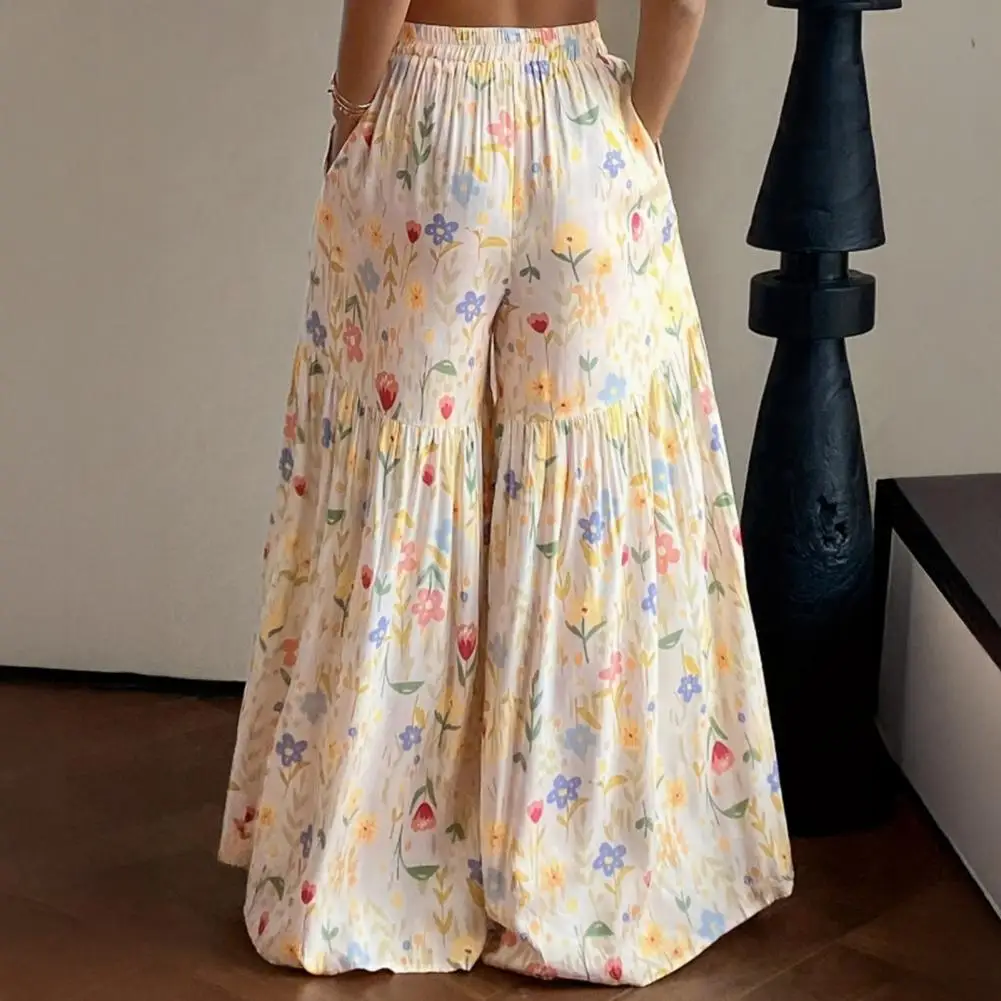 Pantalones Anchos con Estampado Floral y Cintura Elástica, Pantalones Largos con Diseño de Empalmes y Bolsillos para Mujer, Uso Diario Informal