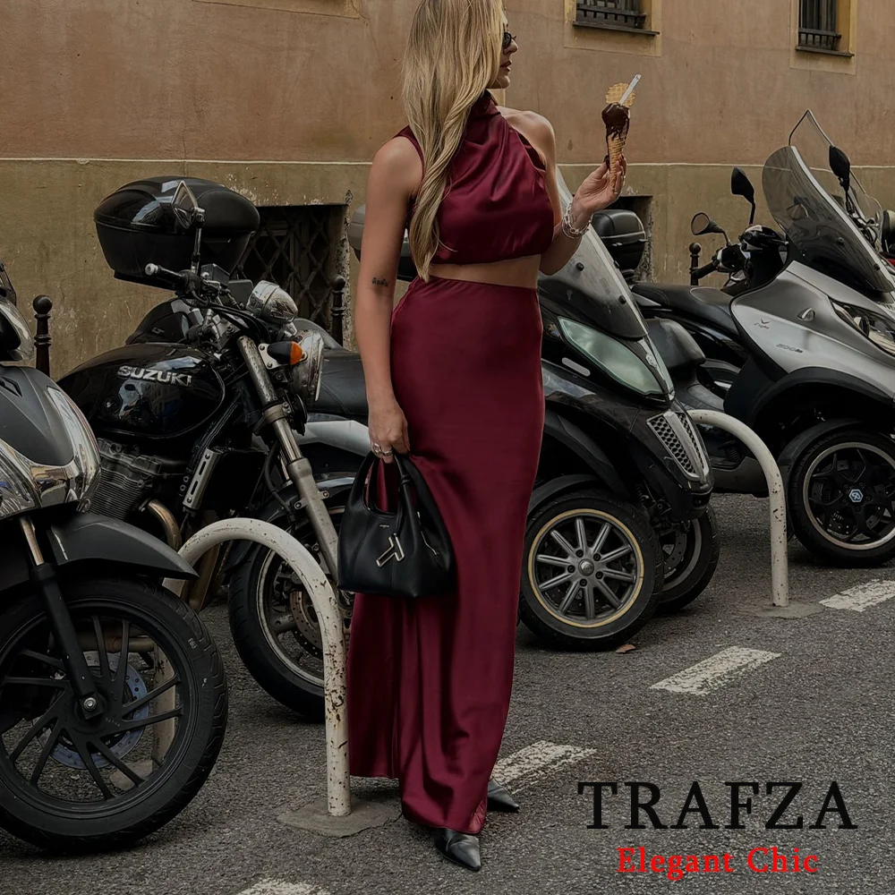 TRAFZA Elegant Satin Slim Midi Solid Skirt Women Elastic High Waisted A-Line Casual Female Satin Skirts Spring Autumn Lady Skirt