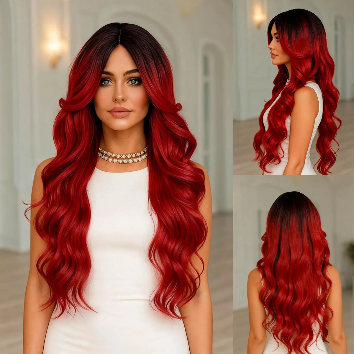

Ombre Red Long Wavy High Temperature Fiber Wig 25 Inch Synthetic Heat Resistant Hair with Adjustable Strap for Party Daily Cospl
