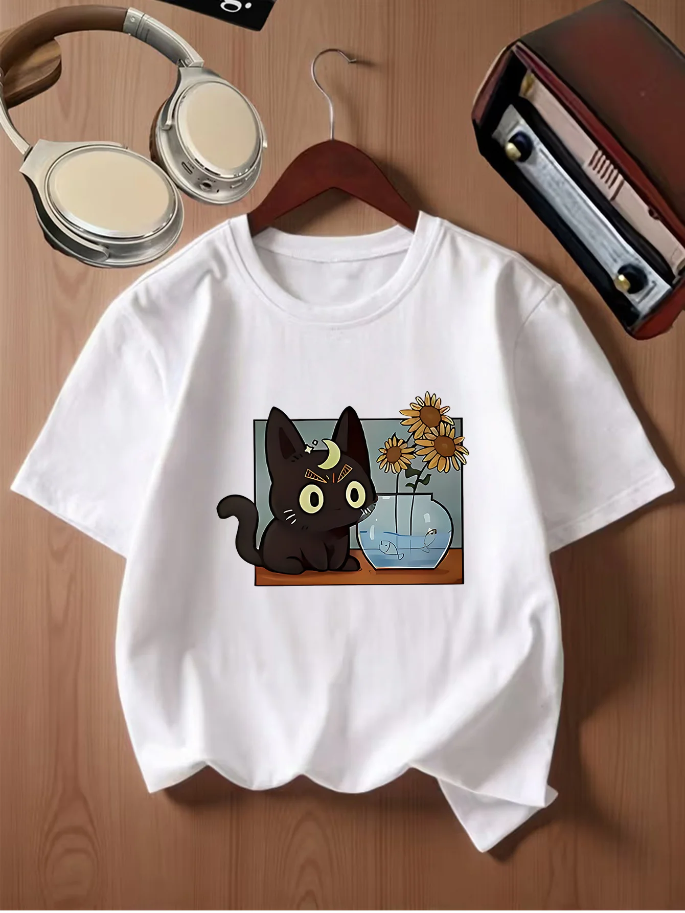 Cute Moon Black Cat Sunflower Fish Tank Print Kids T Shirt Boys Girls Family Matching Parent Child Summer Crew Neck Casual Tee