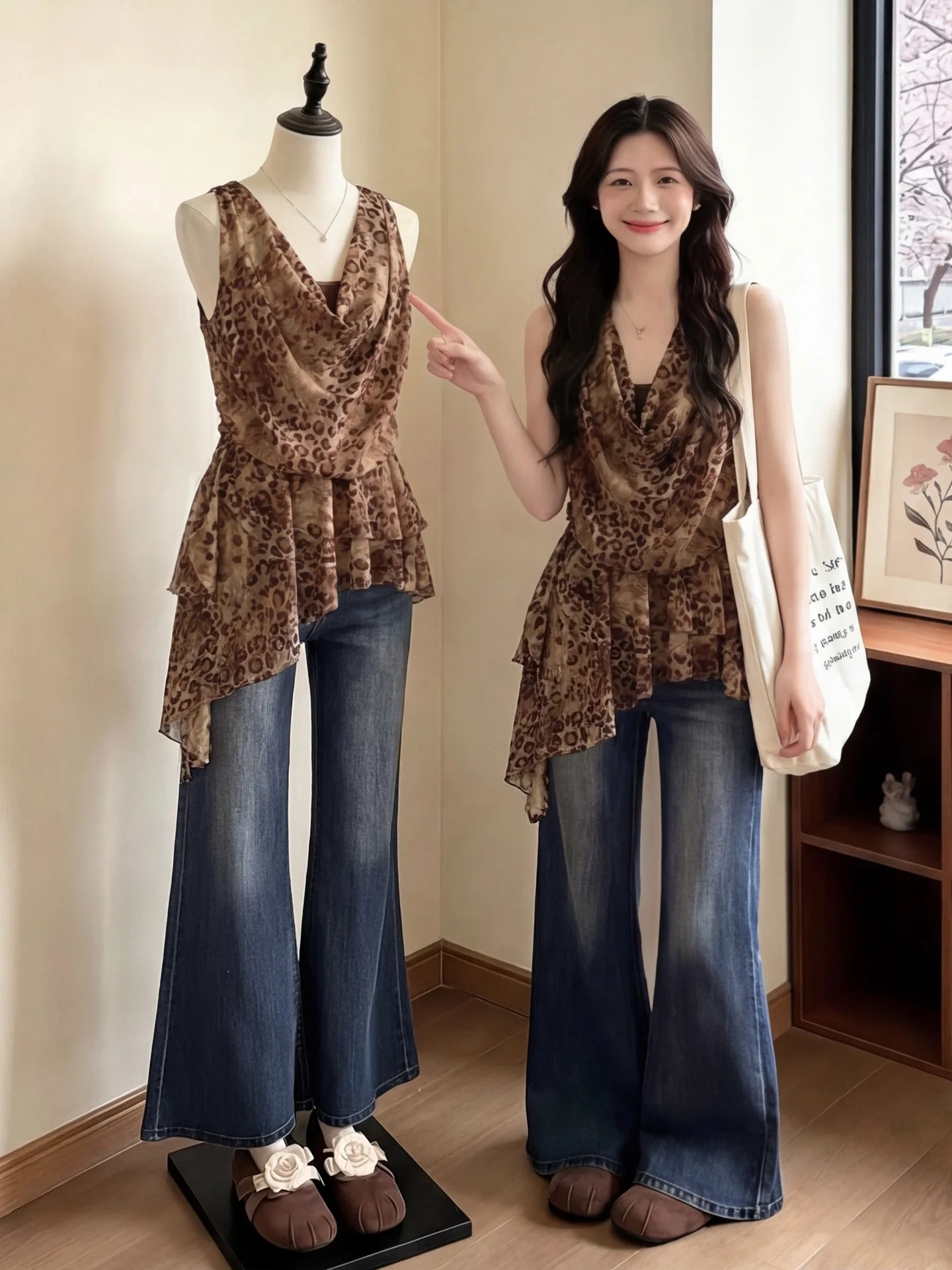 Retro Leopard Print Midi Chiffon Top Women Summer Wasteland Style Asymmetrical Hemline Cover Butt Top Korean Casual Slim Fit