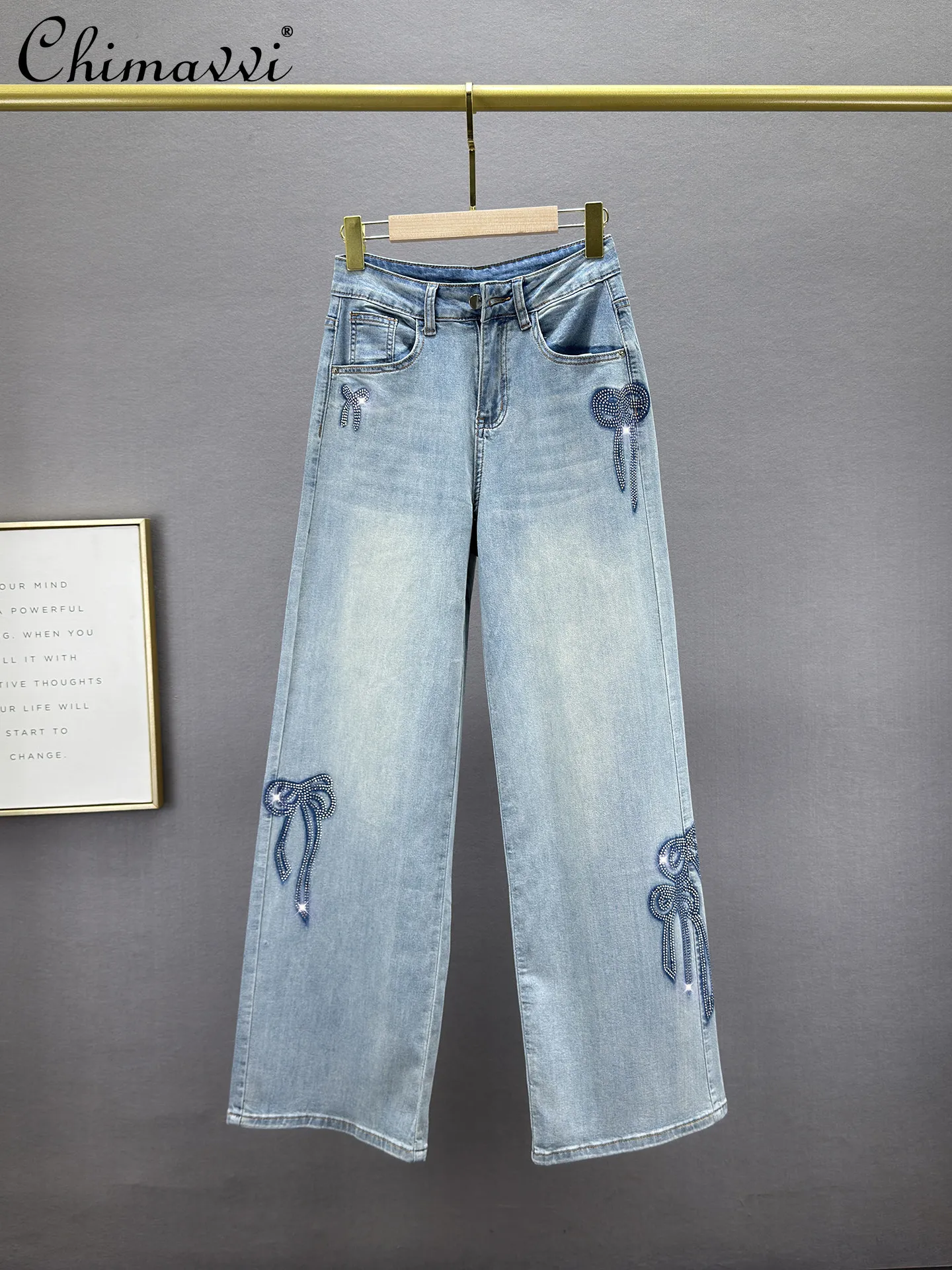 Heavy Hot Diamond Jeans Women's 2026 Summer Clothes New Fashion Thin Stretch High Waist Slimming European Straight-leg Pants