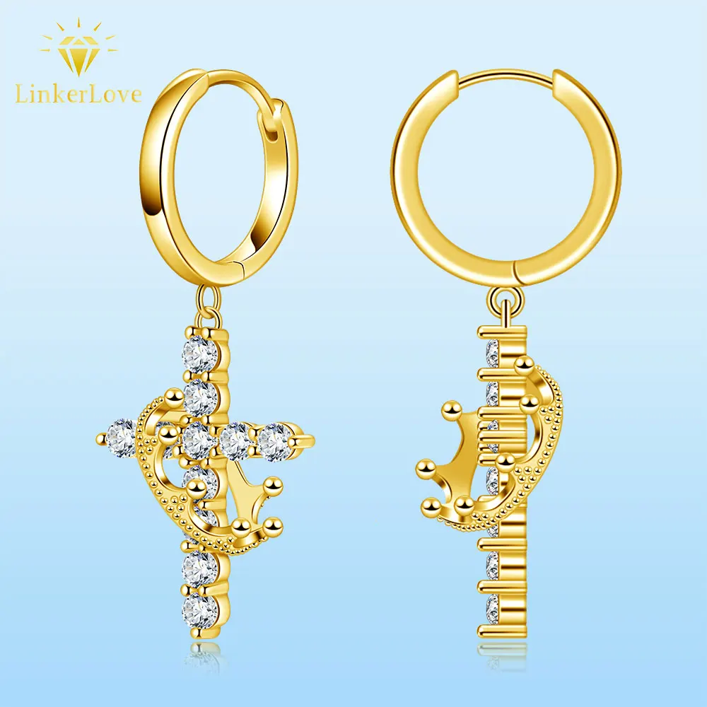 

LinkerLove Moissanite Hoop Earrings Rotatable Crown Cross Pendant Necklace for Women S925 Sterling Silver Party Fine Jewelry Set