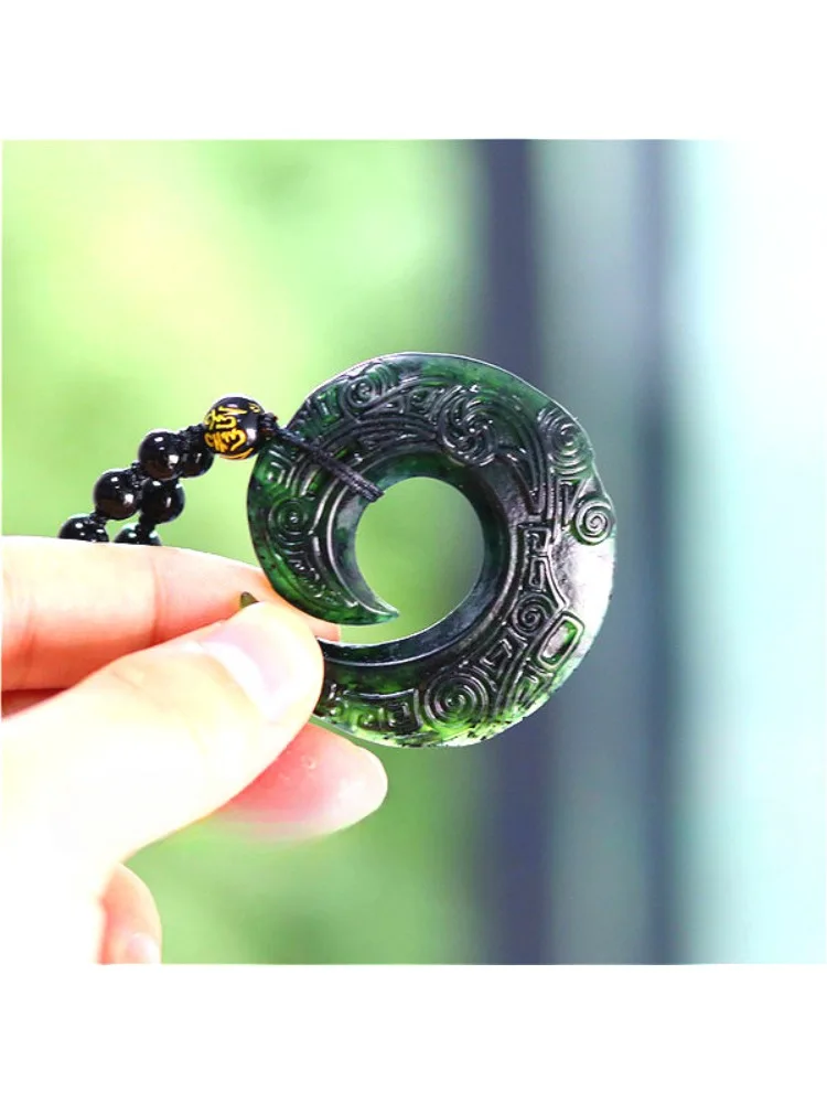 Chiński naturalny czarny zielony jadeit dekoracyjny wisiorek z runami naszyjnik z koralików urok biżuterii obsydian dwustronny rzeźbiony amulet prezenty — zdjęcie 2