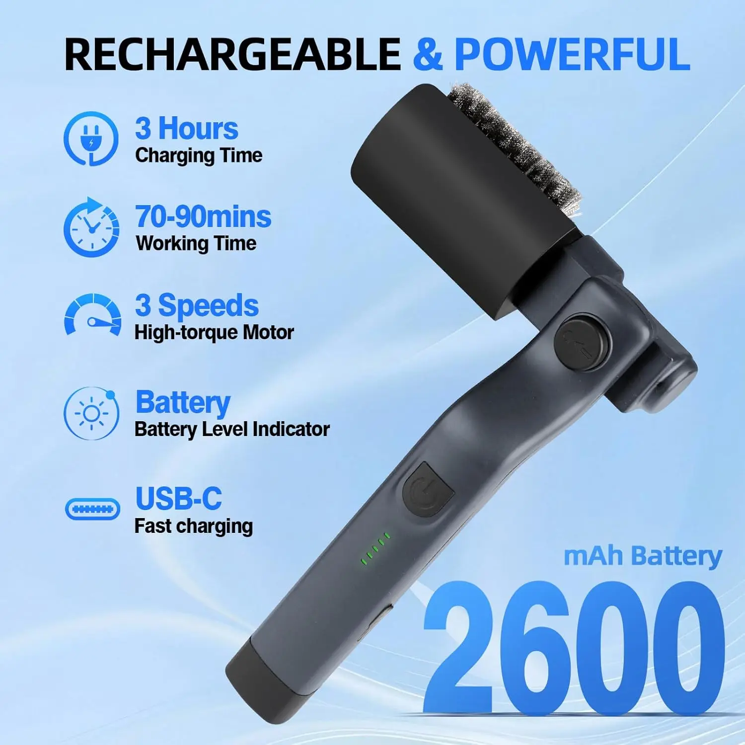 Electric Grill Brush, Cordless Adjustable Angle, Stainless Steel Brush Head, 3-Level Cleaning, 90-Minute Run Time, Waterproof