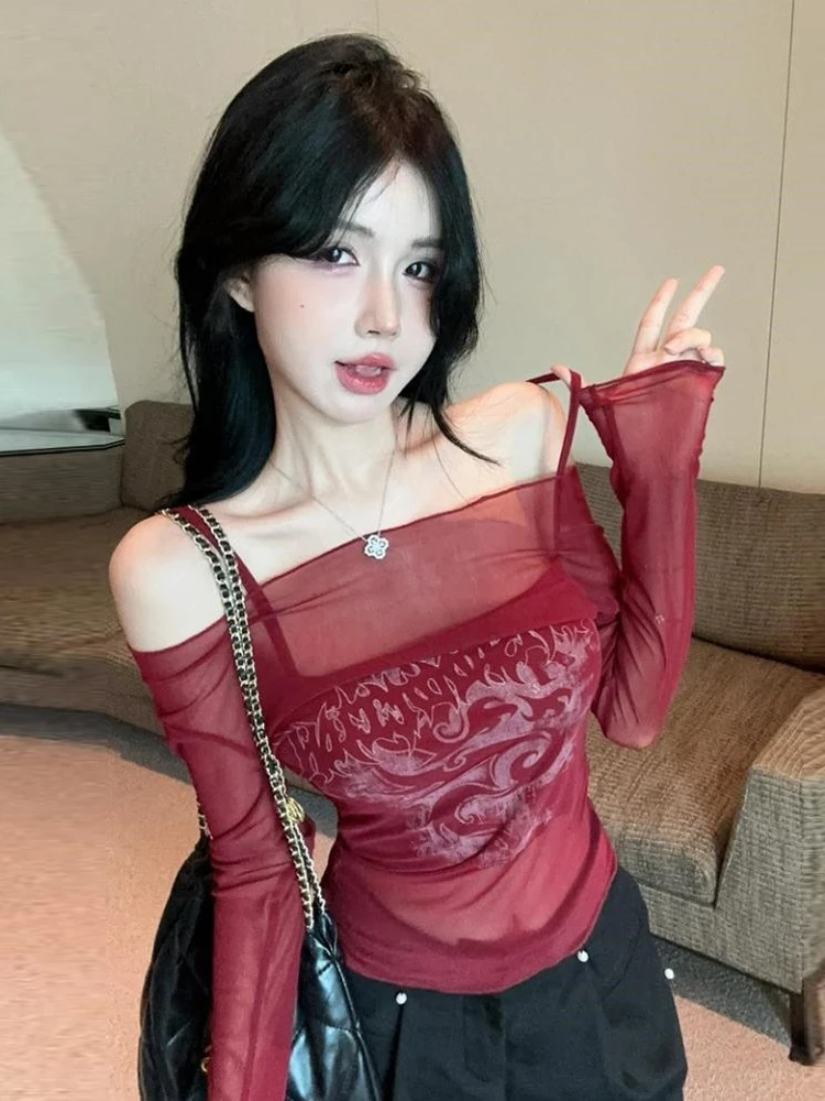 

Sexy Spicy Girl Pure Desire Lace One Shoulder Netting See through Sun Protection Print Halter Two Piece Set Slimming Base Top