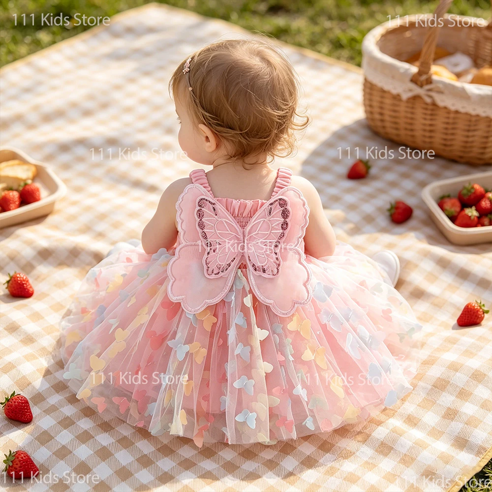 2026 Children's Summer New Style Butterfly Wing Suspender Tulle Dress Kids Girl Birthday Party Gown Girls' Mesh Princess Dresses