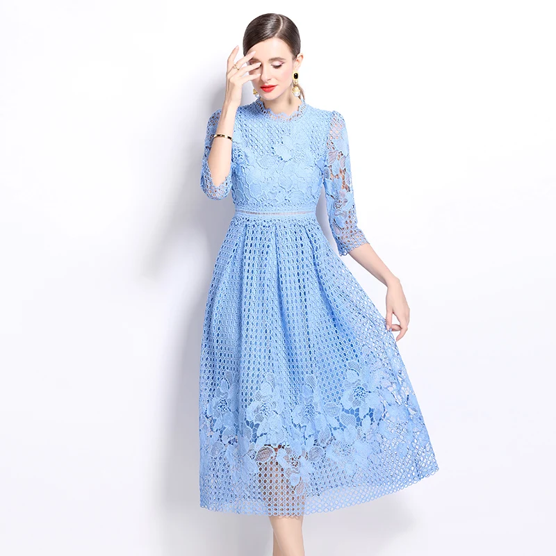 Autumn New Fashion Luxury Women Dress Elegant Slim O-Neck 2/3 Sleeved Hollow Out Lace Dress Vintage Party Dresses