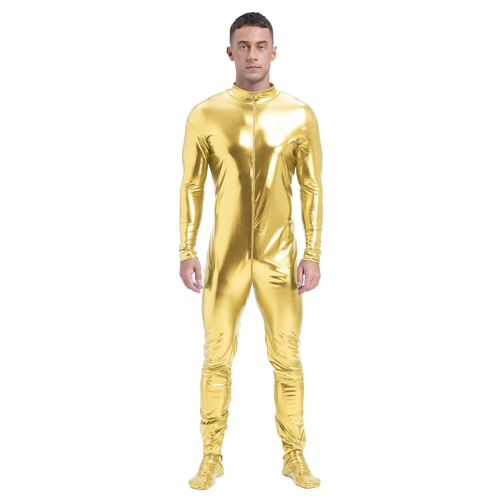 Mens Zentai Shiny Metallic Jumpsuit Long Sleeve Leotard Front Zipper Full Body Unitard Tights For Performance Stage Clubwear