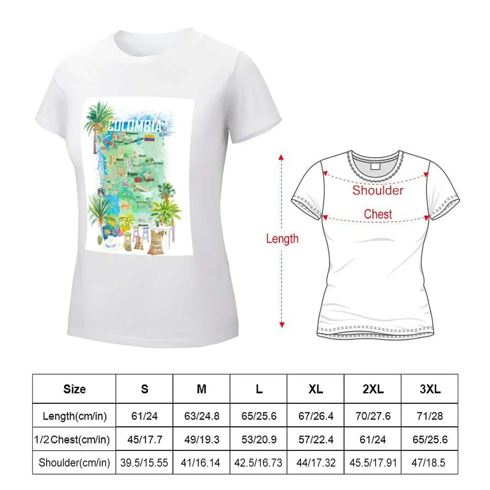 Colombia Illustrated Travel Map With Tourist Attractions And Highlights T-shirt graphics Women t-shirts