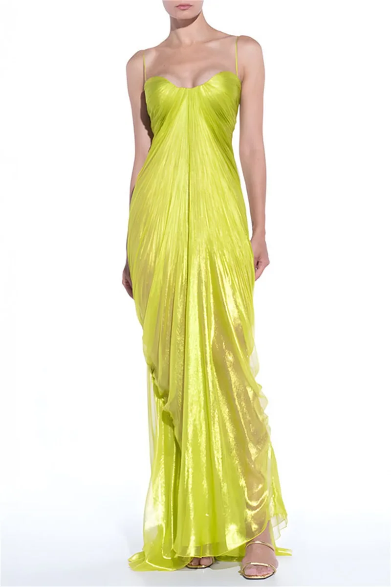 Sexy Yellow Green Prom Dress Lace Up Back Sleeveless Long Ruffles Party Gown Casual Hot Girl Formal Wedding Birthday Robe