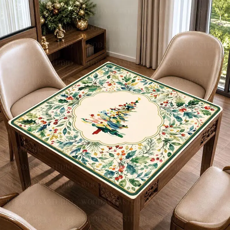 VIKAMA Watercolor Greenery Christmas Mahjong Mat Table Cover For Game Night Party Family Gathering Board Game Tablecloth Decor