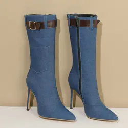 Sexy Denim Jeans Blue Black Color Pointed Toe Women Shoes Big Size 47 48 46 Buckle Belt Thin High Heels Stiletto Mid-calf Boots