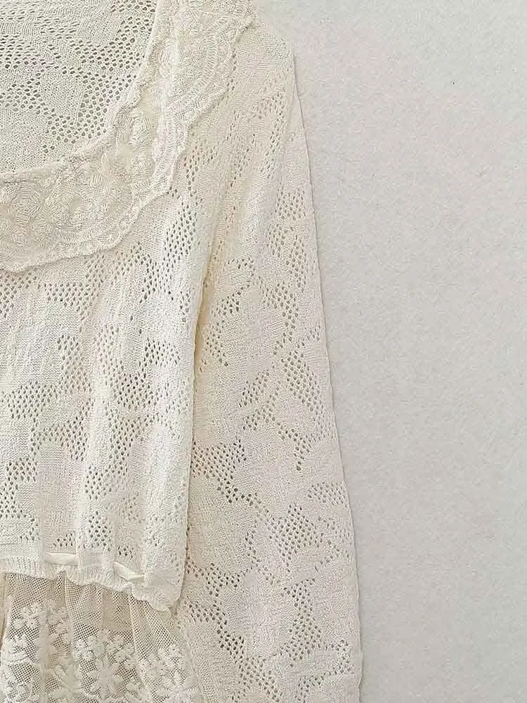 Europejski styl nowa moda damska wszechstronna prosta temperamentna koronkowa dekoracja dzianinowy top z kwadratowym kołnierzem