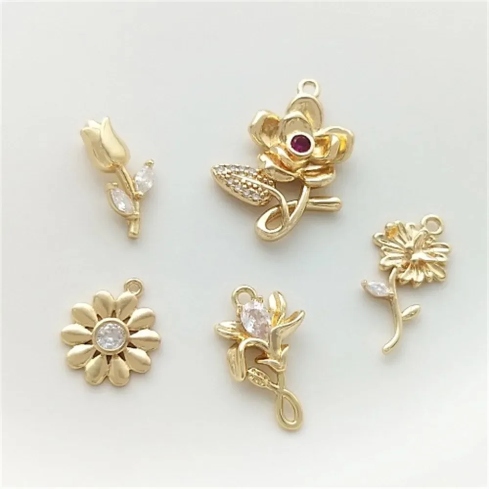 14K Gold Inlaid Zircon Small Daisy Tulip Rose Small Flower Pendant, Handcrafted Earrings Bracelet Charms Pendant K500