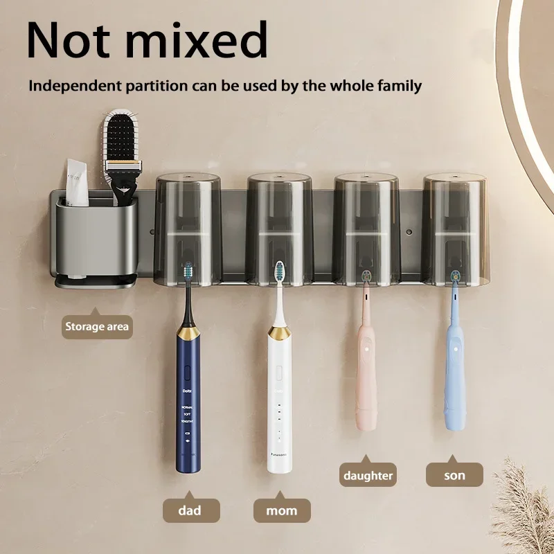 Aluminum Punch Free Wall Mounted Electric Toothbrush Holder Razor Storage Holders Bathroom Shelf Mouthwash Cup Toothbrush Holder
