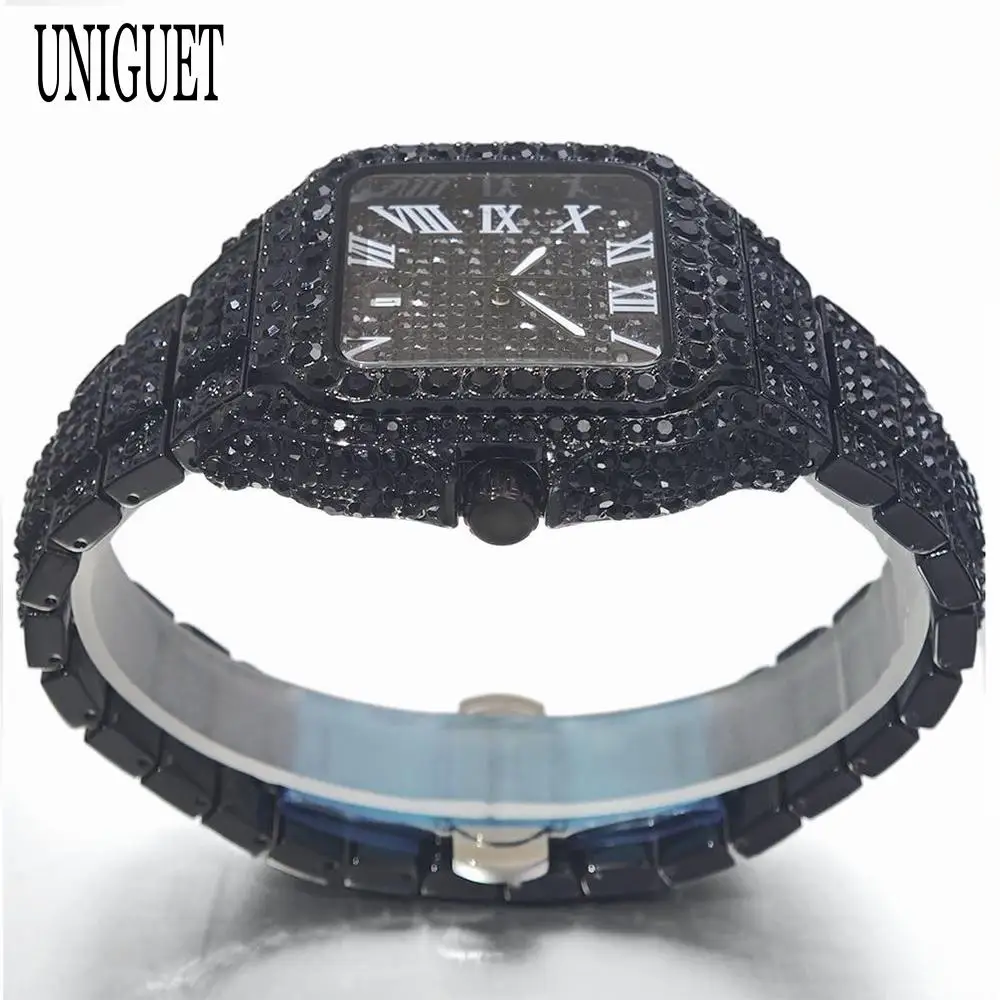 Cool Black Iced Watch For Man Fashion Brand UNIGUET Hip Hop Diamond Bling Bling Jewelry Square Wrist Watch Mens Dropshipping