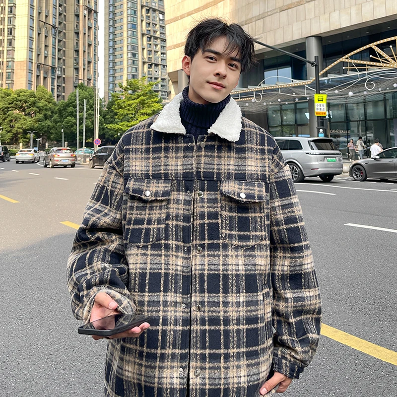

Lamb Velvet Thiened Winter Cotton Jaet for Men Autumn Winter Sle Fluffy Lined Large Size Woolen Coat Casual Outerwear