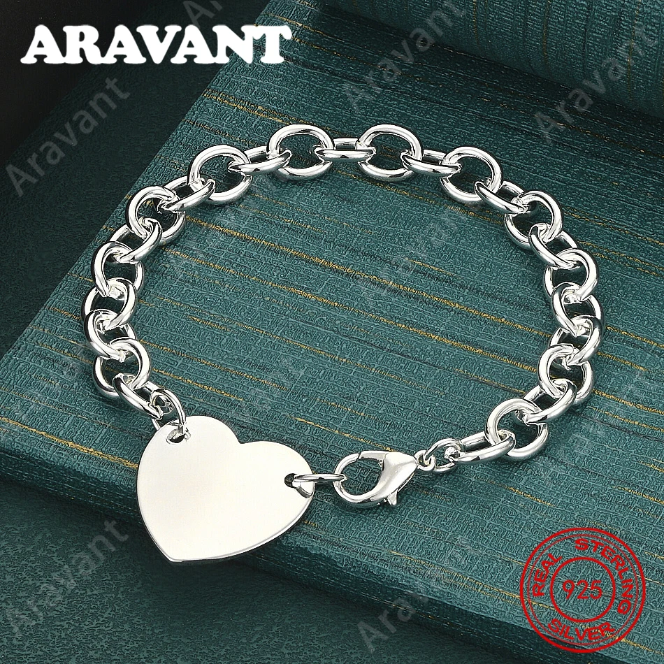 925 Sterling Silver Heart Tag Chunky Chain Bracelet, Fresh And Elegant Design, Perfect For Women'S Engagement Jewelry